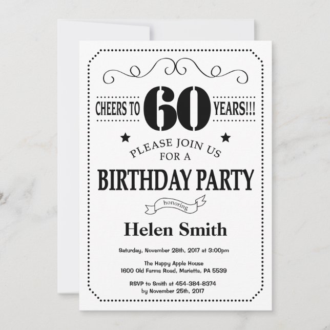 60th Birthday Invitation Black and White (Front)