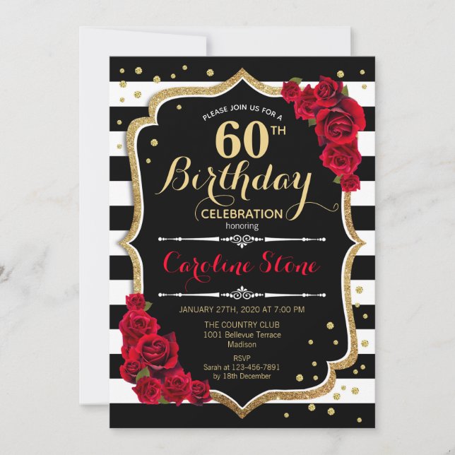 60th Birthday Invitation Black White Stripes Roses (Front)