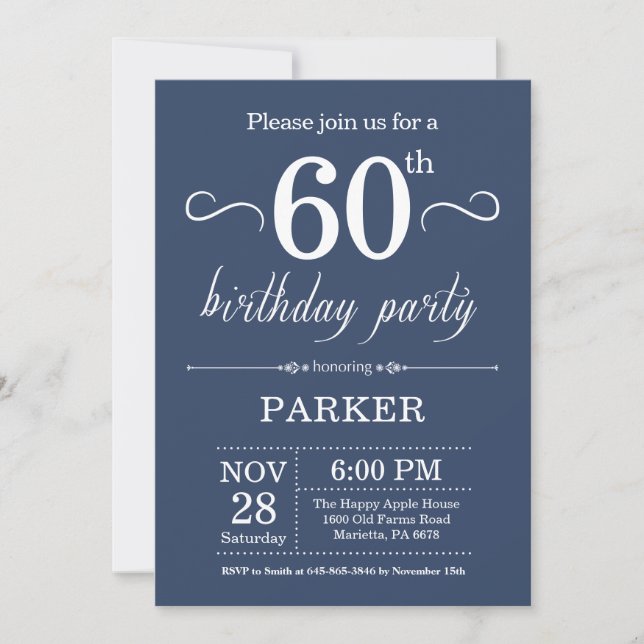 60th Birthday Invitation Blue (Front)