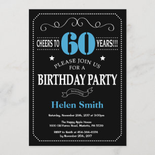 60th Birthday Invitation Blue and Black Chalkboard