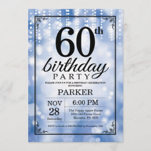 60th Birthday Invitation Blue Glitter