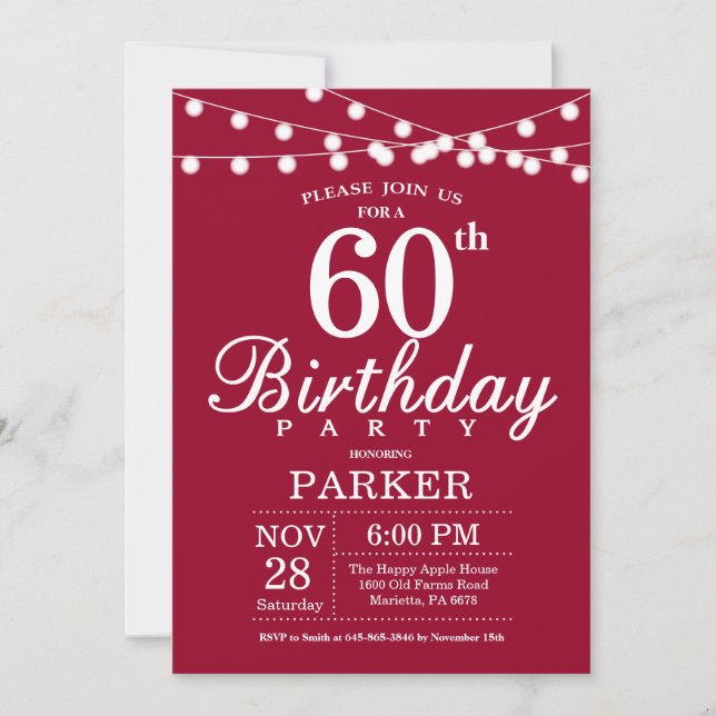 60th Birthday Invitation Burgundy Red (Front)