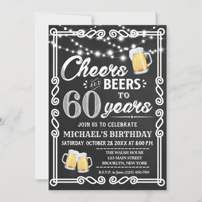 60th Birthday Invitation | Cheers and Beers (Front)