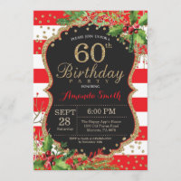 60th Birthday Invitation. Christmas Red Black Gold