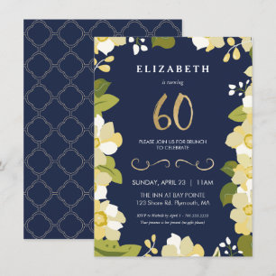 60th Birthday Invitation, Elegant Flowers w/ Gold Invitation