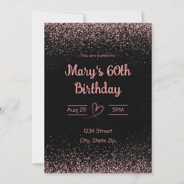 60th Birthday Invitation – Glitter Confetti | Pink (Front)