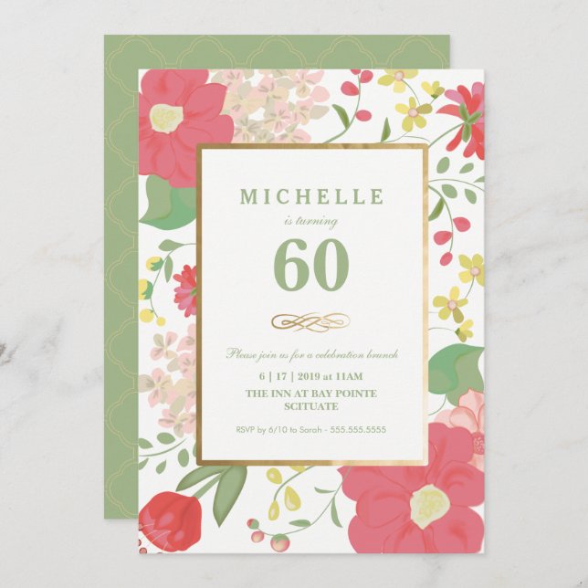 60th Birthday Invitation - Gold, Elegant Floral (Front/Back)