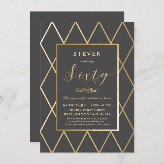 60th Birthday Invitation - Gold, Elegant, Trendy (Front/Back)