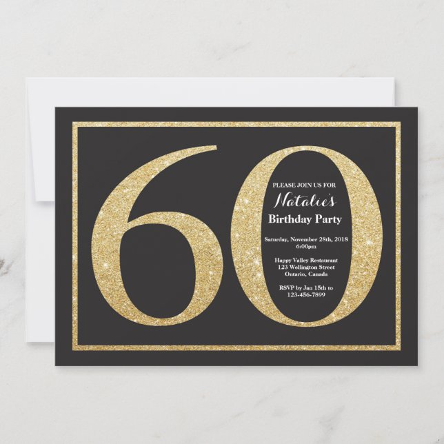 60th Birthday Invitation Gold Glitter Chalkboard (Front)