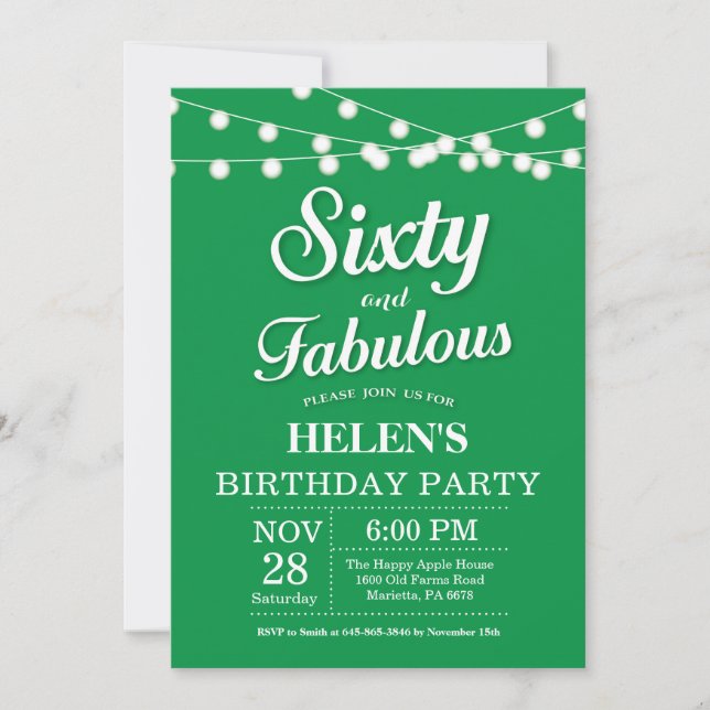 60th Birthday Invitation Green Fabulous (Front)