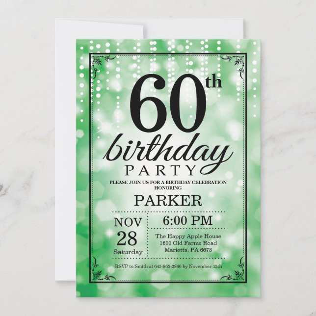 60th Birthday Invitation Green Glitter (Front)