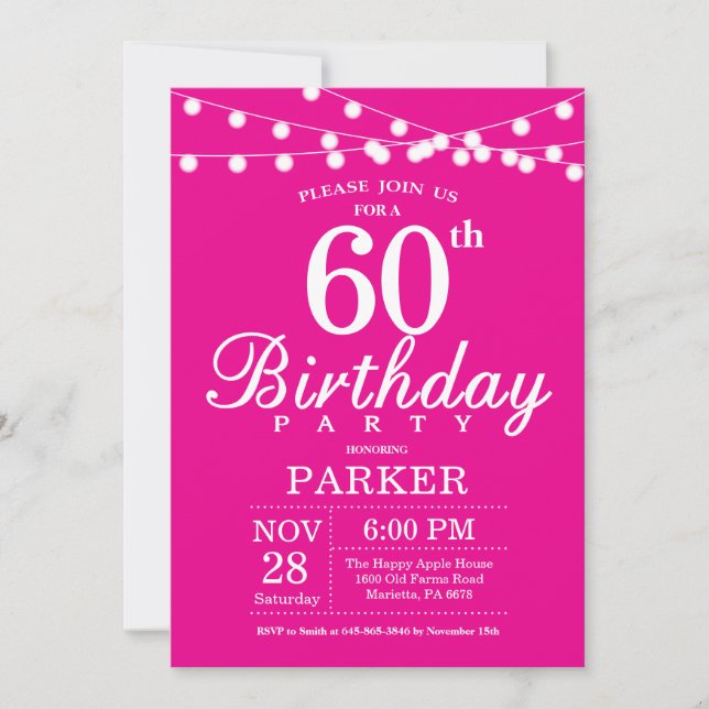 60th Birthday Invitation Hot Pink (Front)