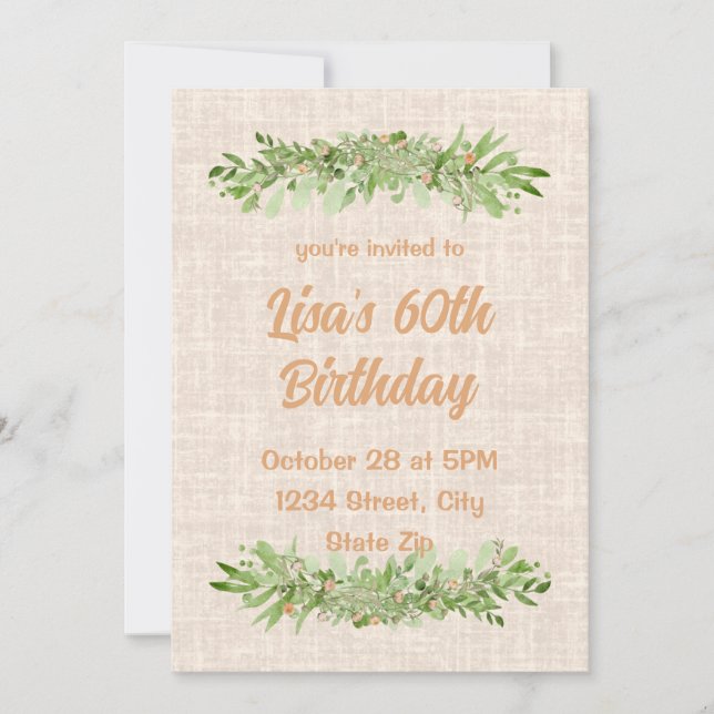 60th Birthday Invitation – Linen Greenery | Sixty (Front)
