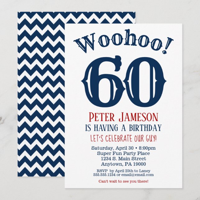 60th Birthday Invitation Mens Navy Blue (Front/Back)