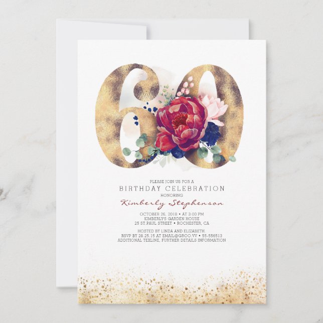 60th Birthday Invitation - Navy Blue and Burgundy (Front)