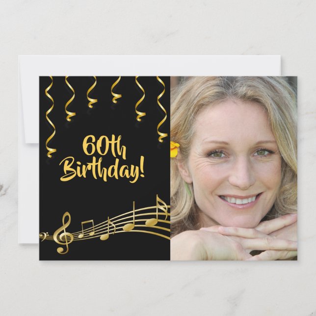 60th birthday invitation photo black gold glam (Front)