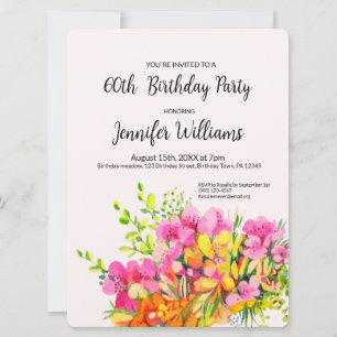 60th  Birthday invitation pink and orange flowers