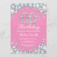 60th Birthday Invitation Pink and Silver Diamond