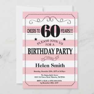 60th Birthday Invitation Pink and White Stripes