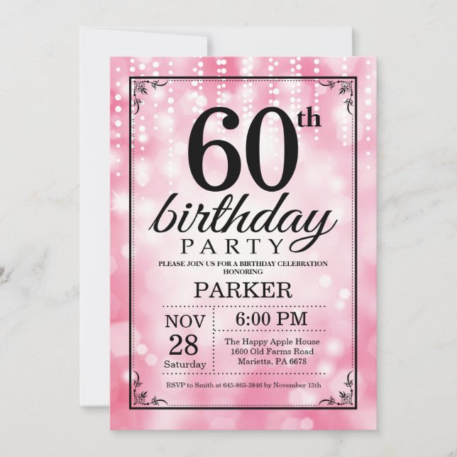60th Birthday Invitation Pink Glitter (Front)