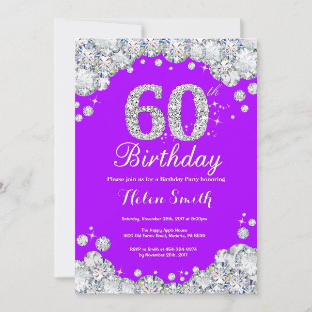 60th Birthday Invitation Purple and Silver Diamond (Front)