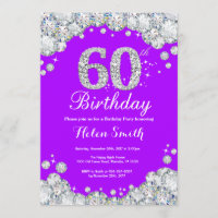 60th Birthday Invitation Purple and Silver Diamond