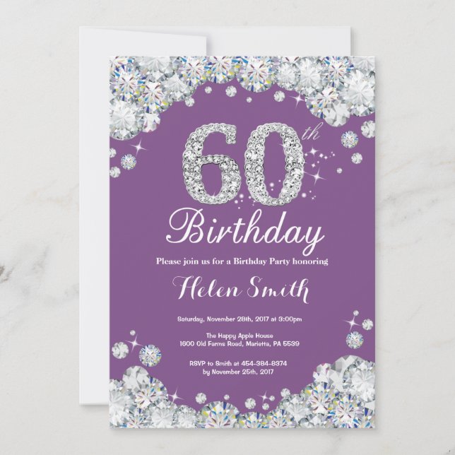 60th Birthday Invitation Purple and Silver Diamond (Front)