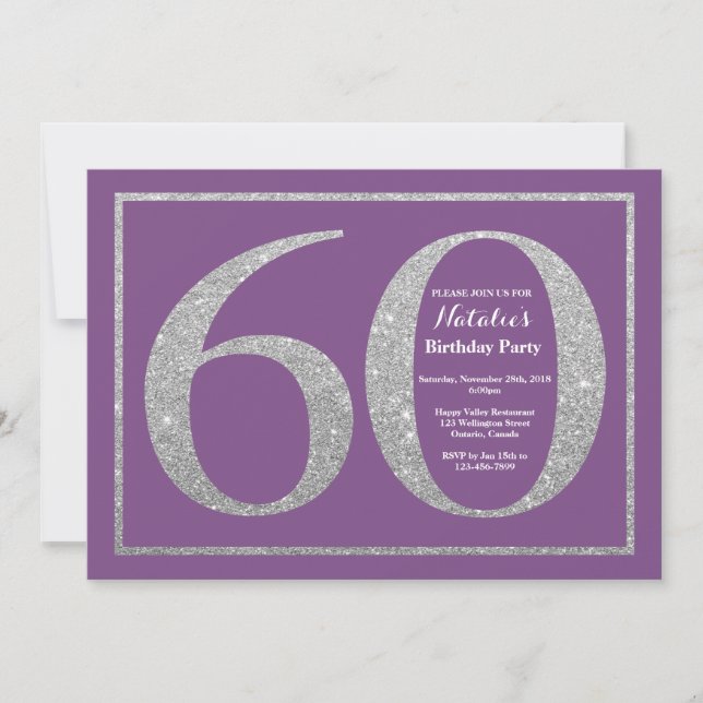 60th Birthday Invitation Purple and Silver Glitter (Front)