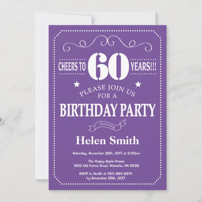 60th Birthday Invitation Purple and White (Front)