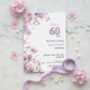 60th Birthday Invitation Purple Floral Elegant