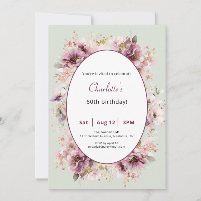 60th Birthday Invitation Purple Floral Watercolor (Front)