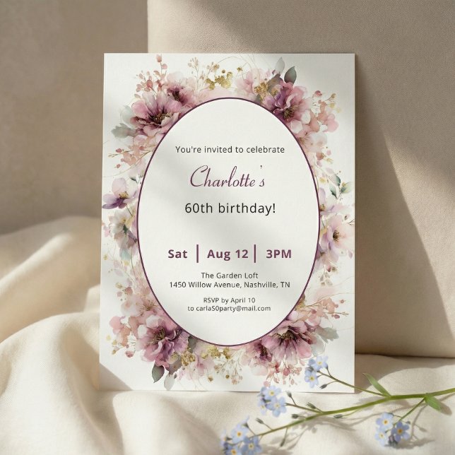 60th Birthday Invitation Purple Floral Watercolor (Creator Uploaded)