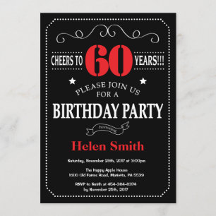 60th Birthday Invitation Red and Black Chalkboard