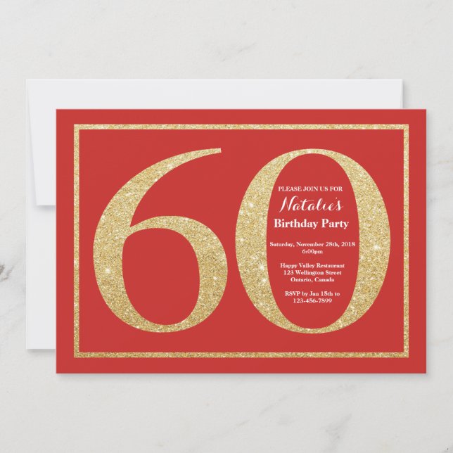 60th Birthday Invitation Red and Gold Glitter (Front)