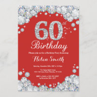 60th Birthday Invitation Red and Silver Diamond