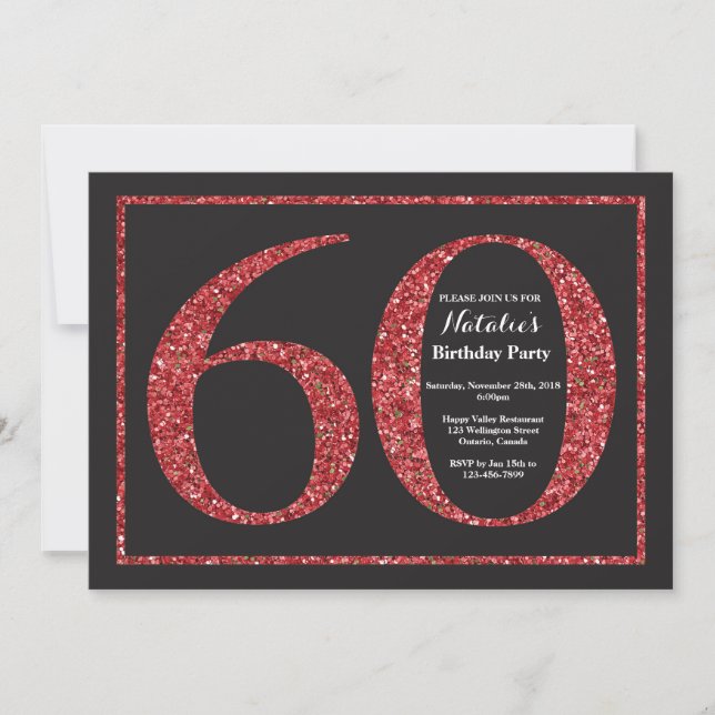 60th Birthday Invitation Red Glitter Chalkboard (Front)