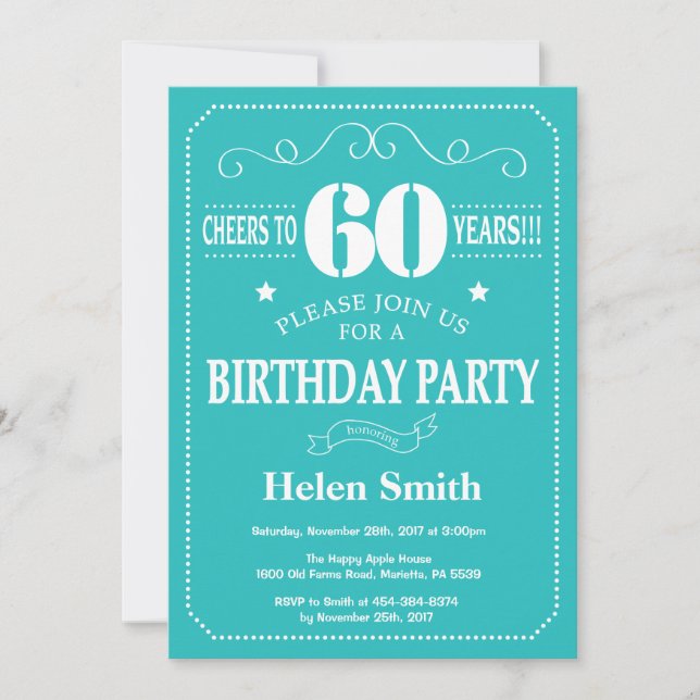 60th Birthday Invitation Teal and White (Front)