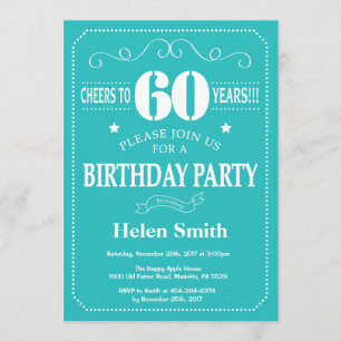 60th Birthday Invitation Teal and White