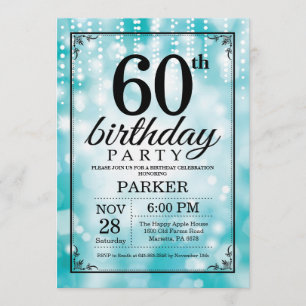 60th Birthday Invitation Teal Glitter