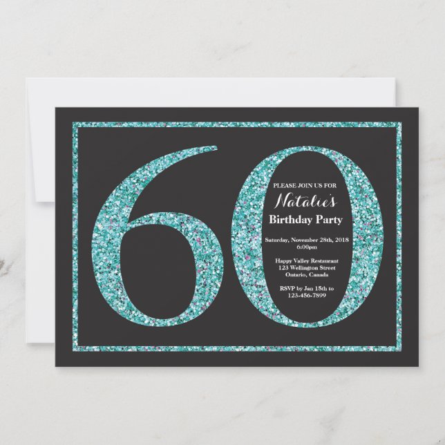 60th Birthday Invitation Teal Glitter Chalkboard (Front)