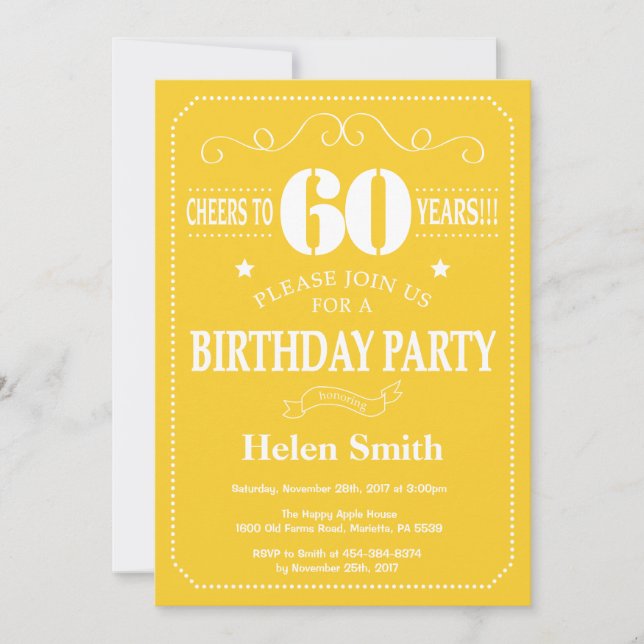 60th Birthday Invitation Yellow and White (Front)