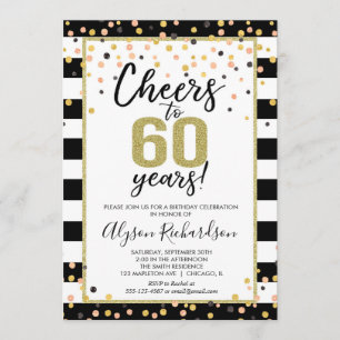 60th birthday invitations, black and gold cheers invitation