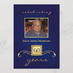 60th Birthday Invitations - Monogram Blue & Gold