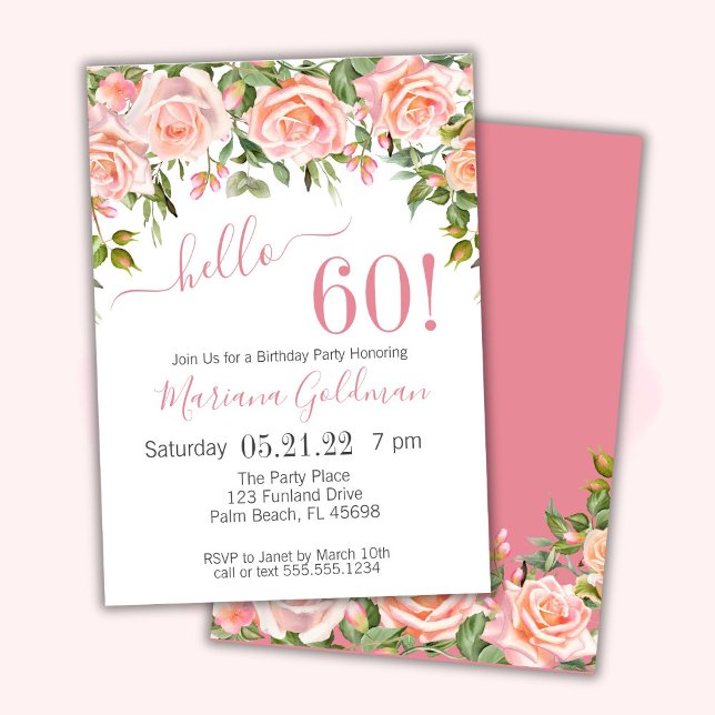 60th Birthday Invitations Pink Floral Modern Party (Creator Uploaded)