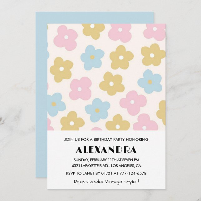 60th birthday invitations Retro Blue Pink Flowers (Front/Back)