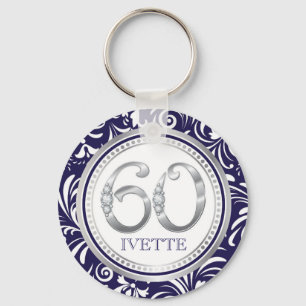 60th Birthday Key Chain-Navy Blue & Silver Key Ring