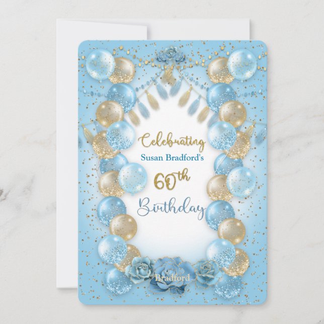 60th Birthday Ladies Blue Gold Balloons Design  In Invitation (Front)