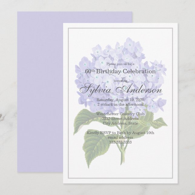 60th Birthday Lavender Hydrangea Invitation (Front/Back)