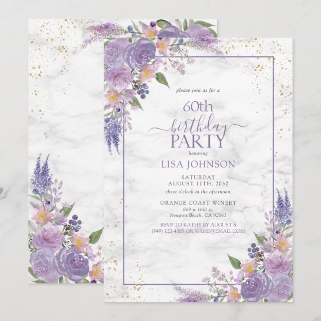 60th Birthday Lavender Lilac Marble Gold Botanical Invitation (Front/Back)