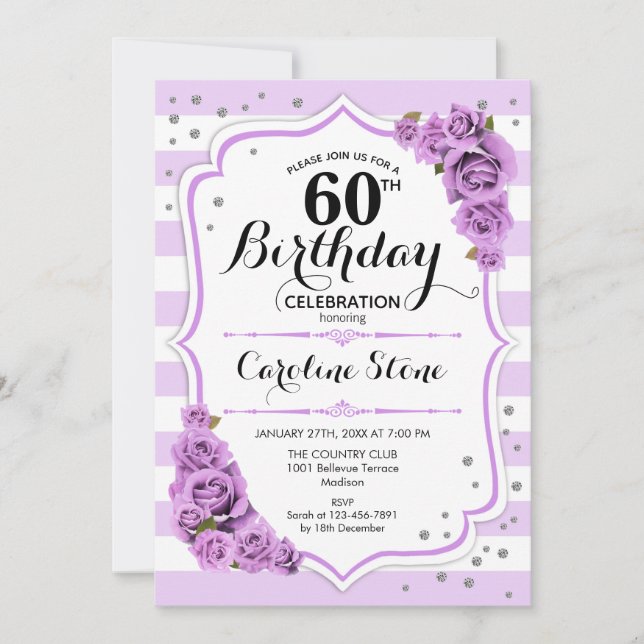 60th Birthday - Lavender White Purple Flowers Invitation (Front)